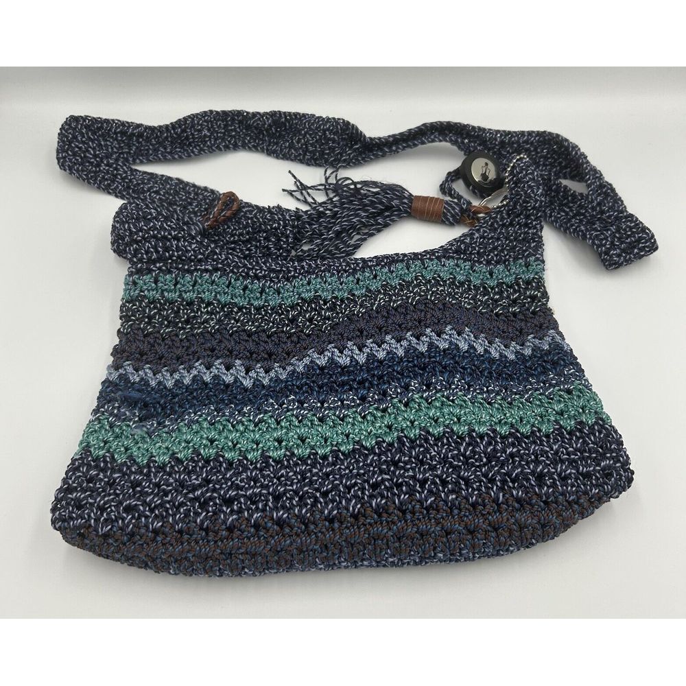 The Sak Crocheted Blue Multi Shoulder‎ Handbag -Zipper- Adjustable Strap-Pockets